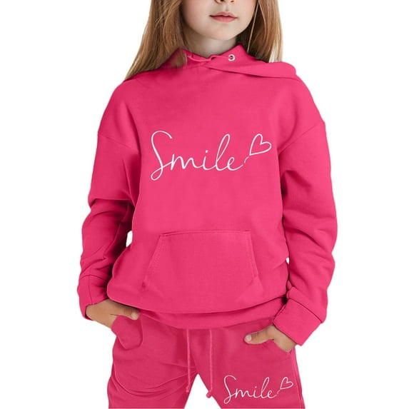 Girls Hooded Tracksuit 2PC Kids Pullover Sweatshirt Smile Print Boys Hoodies Jogging Pants Set 2 Pieces Sweatsuit for Age 2-13 Years Outfits(100 2-3 Years,Hot Pink)