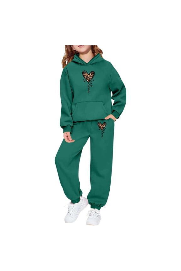 Girls Hooded Tracksuit Leopard Print Heart Design Jogger Outfit with Pockets Sweatsuit 2 Piece Set for Kids