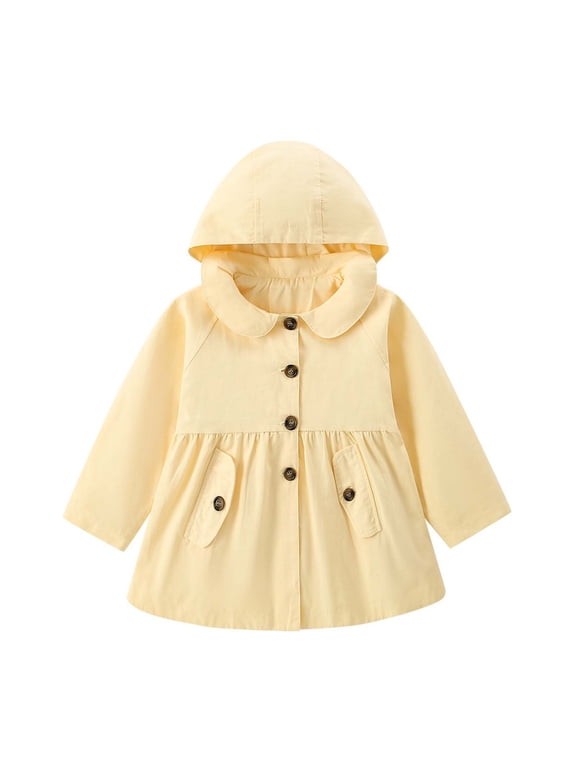 Girls Hooded Trench Coat, Cute Peter Pan Collar Button‑Up Kids Outerwear, Lightweight Pleated Hem Jacket for Daily Campus Outdoor Casual Wear(Light Yellow,6-7 Years)