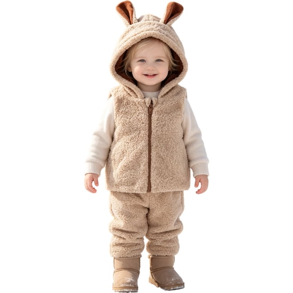 Girls Hooded Vest Soft Bunny Ear Design Zip Front Sleeveless Jacket (Khaki)