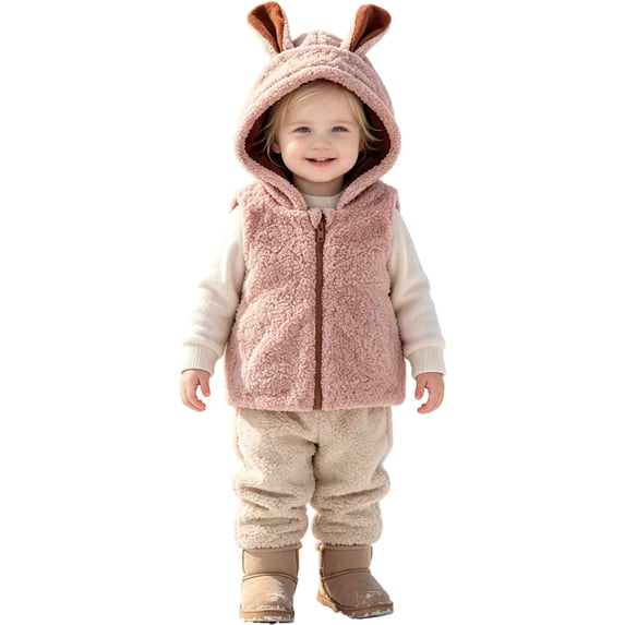Girls Hooded Vest Soft Bunny Ear Design Zip Front Sleeveless Jacket (Pink)