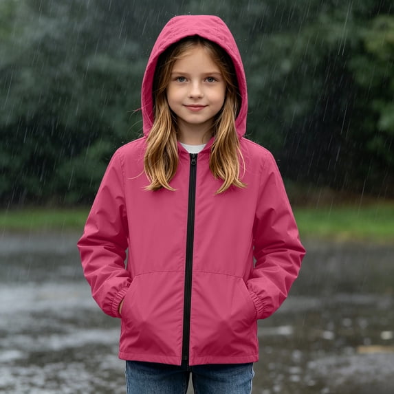 Girls Hooded Wind‑Resistant Zip‑Up Rain Jacket with Side Pockets for School and Daily Outdoor Wear Hot Pink 9-10 Years