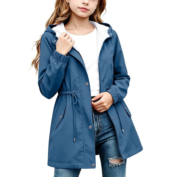 Girls Hooded Windbreaker Jacket Drawstring Waist Zip‑Up Snap‑Button Mid‑Length Outerwear Blue 9-10 Years
