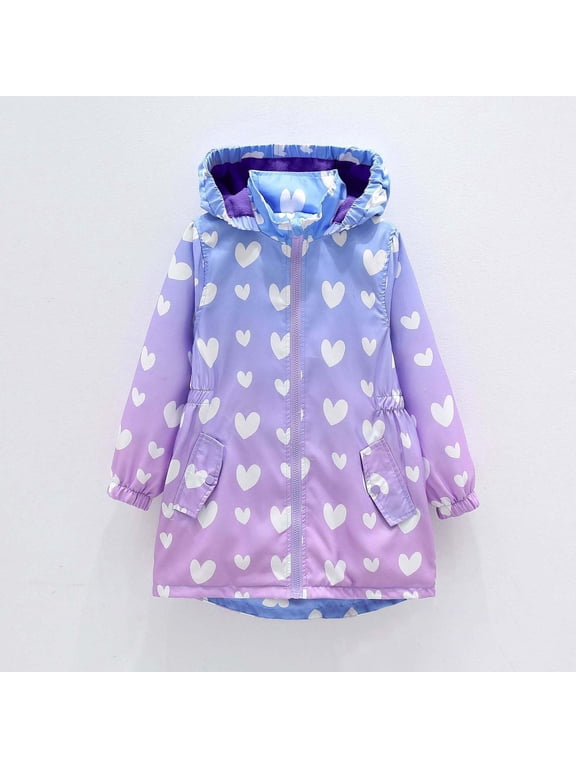 Girls Hooded Windproof Long Jacket, Big Kids Gradient Heart Print Pocket Warm Fall Winter Outerwear Coat Purple 10-11 Years