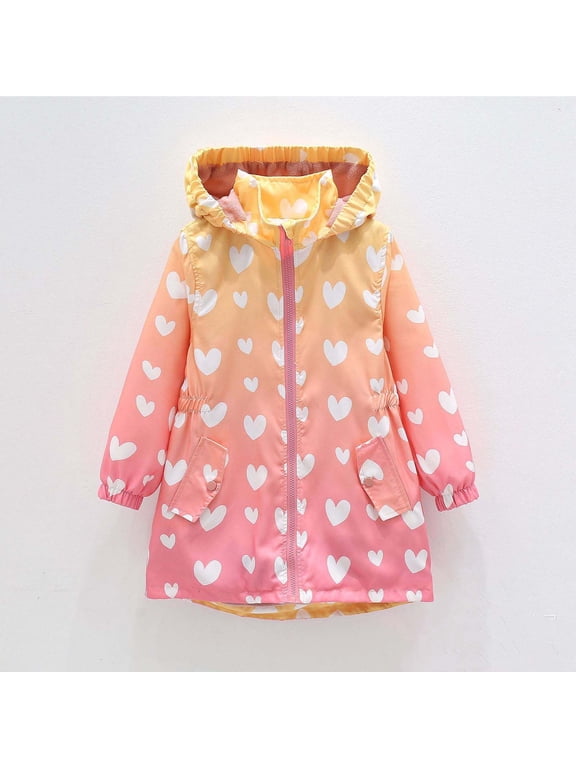 Girls Hooded Windproof Long Jacket, Big Kids Gradient Heart Print Pocket Warm Fall Winter Outerwear Coat Yellow 6-7 Years