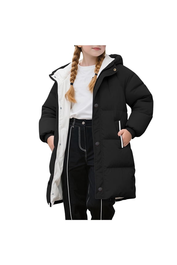 Girls Hooded Winter Coat Thick Quilted Puffer Cotton Lining Heavyweight Warm Long Parka Jackets for Kids (10 Years, Black)