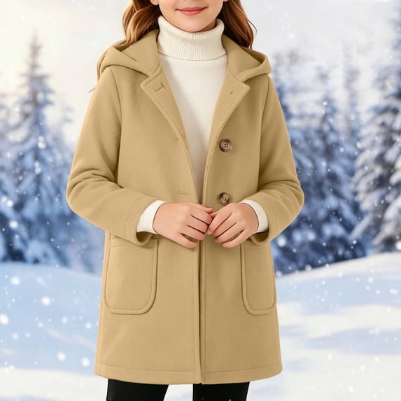 Girls Hooded Wool Blend Coat Long Sleeve Single Breasted Mid Length Overcoat with Patch Pockets Khaki 6-7 Years