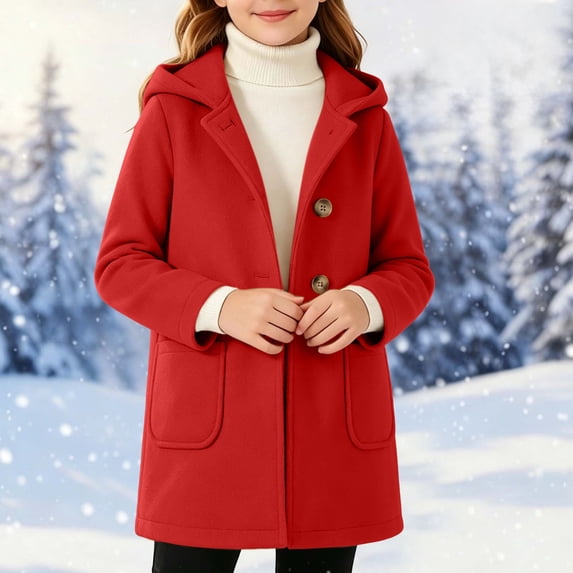 Girls Hooded Wool Blend Coat Long Sleeve Single Breasted Mid Length Overcoat with Patch Pockets Red 14-15 Years