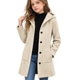 thumbnail image 1 of Girls Hooded Wool Blend Coat Mid-Length, Long Sleeve Single Breasted Fall Winter Peacoat Trench Jacket with Pockets, Beige 7-8 Years, 1 of 6