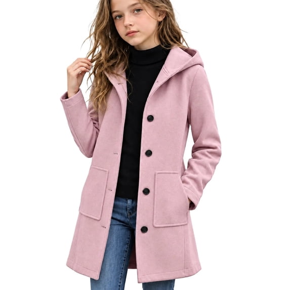 Girls Hooded Wool Blend Coat Mid-Length, Long Sleeve Single Breasted Fall Winter Peacoat Trench Jacket with Pockets, Purple 5-6 Years