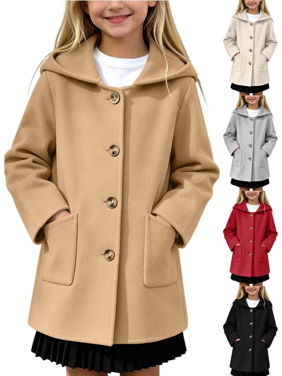 Girls Hooded Wool-Blend Trench Coat Mid Length Button Front Jacket with Pockets for School Dress Casual and Winter Ages 4-15