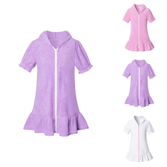Girls Hooded Zip Terrys Coverups Swim Beach Cover Up Cotton Summer Short Sleeve Bathing Suit Girls Beach Dress for Pool Vacation Holiday Resort