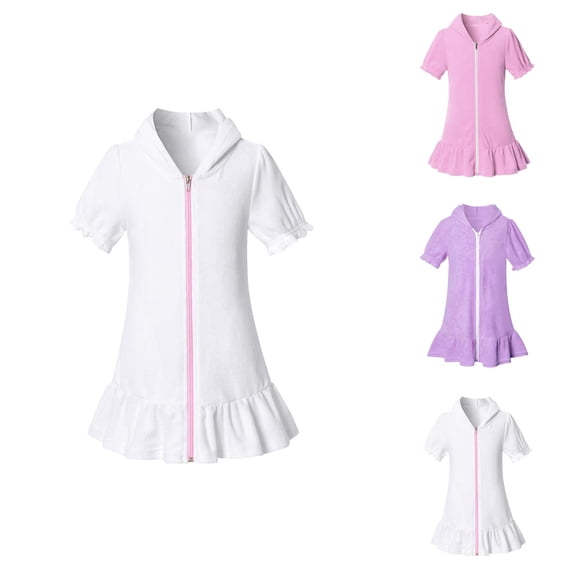 Girls Hooded Zip Terrys Coverups Swim Beach Cover Up Cotton Summer Short Sleeve Bathing Suit Girls Beach Dress for Pool Vacation Holiday Resort