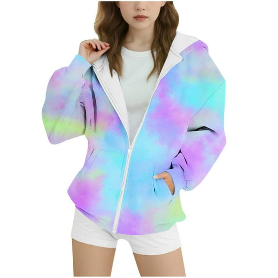 Girls Hooded Zip Up Jackets, Kids Tie Dye Full Zip Hoodie, Child Fall Winter Warm Fleece Long Sleeve Zipper Sweatshirt with Hood