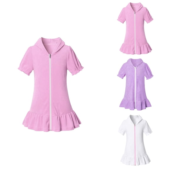 Girls Hooded Zip-Up Terry Swim Cover Up – Cotton Beach Robe with Short Sleeves for Summer Bathing Suit Coverup