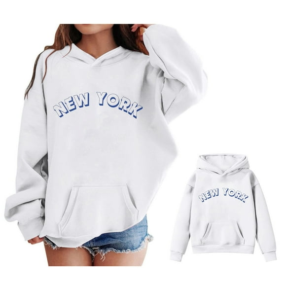 Girls Hoodie City Name Letter Print White Hoodie Casual Long Sleeve Sweatshirts Jackets Fall Clothes Girls Tops Size 5-6 Years