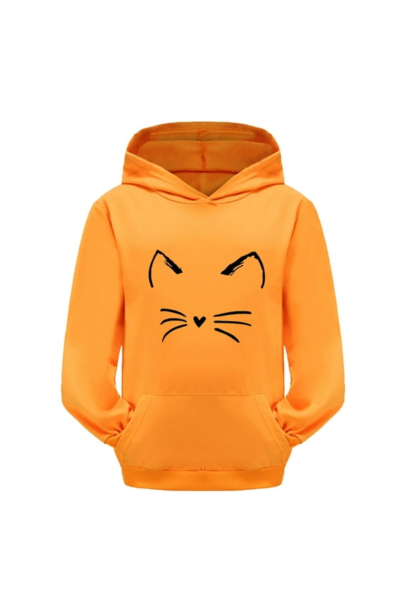 Girls Hoodie Cute Graphic 100% Cotton Long Sleeve Hooded Sweatshirt Pullover Toddler Clothes Orange, 8-9 Years / 150