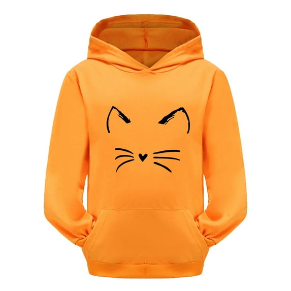 Girls Hoodie Cute Graphic 100% Cotton Long Sleeve Hooded Sweatshirt Pullover Toddler Clothes Orange, 9-10 Years / 160