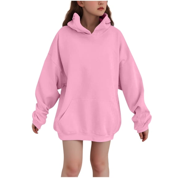 Husipze Girls Hoodie Cute Long Sleeve Solid Color Hooded Sweatshirts Loose Comfortable Drop Shoulder Sleeves Sweatshirt with Pockets Pink 3-4Years