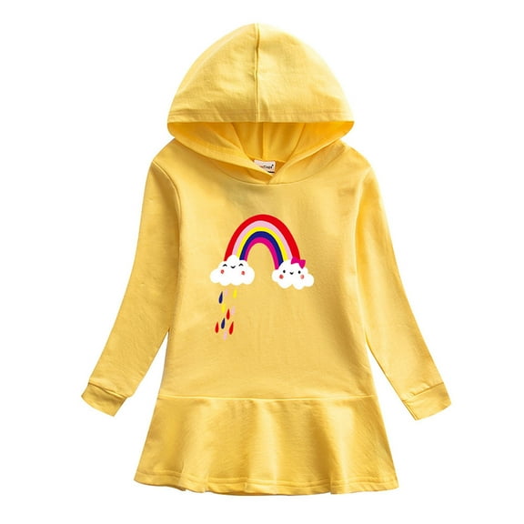 Girls' Hoodie Dress Rainbow Printed Long Sleeve Cute Hooded Sweatshirt Mini Dress Soft Cotton Fall Clothes (3-4 Years, Yellow)