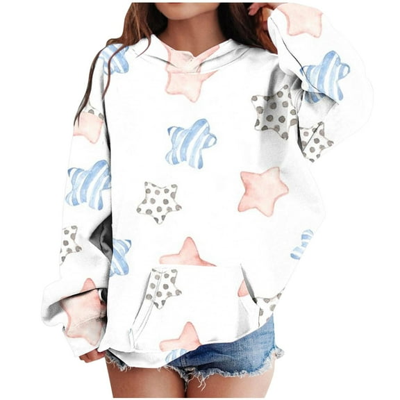 Girls Hoodie Fashion Stars Printed Loose Cozy Front Pocket Unisex Hooded Sweatshirt for Kids 4-14 Years Old (11-12T, White 01)