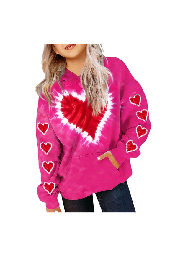 Girls Hoodie Hot Pink Tie-Dye Heart Oversized Kids Hooded Sweatshirt with Kangaroo Pocket, Soft Stretch Polyester Spandex for Valentine’s Day (90-160 Size),Size 5-6T