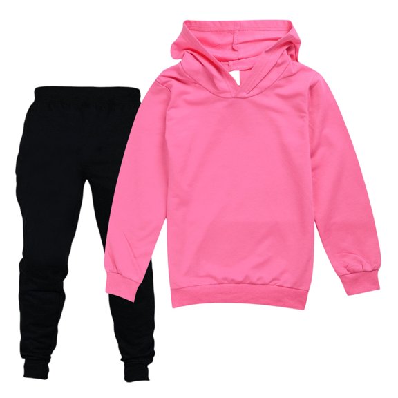 Girls Hoodie & Jogger Set, Solid Color Pullover & Matching Pants, Cozy Character Lounge Set for Boys & Girls,Hot Pink,130