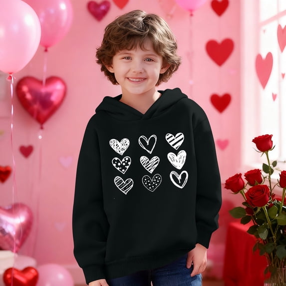 Girls Hoodie Kids Heart Print Pullover Lightweight Oversized Black Youth Casual Sweatshirt,Size 9 T