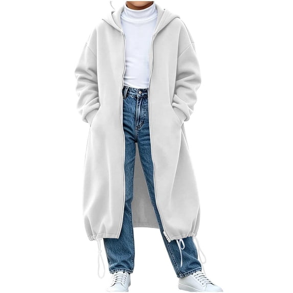 Girls Hoodie Long Jackets with Pockets Casual Adjustable Oversized Full Zip Kids Fall Jackets White 12