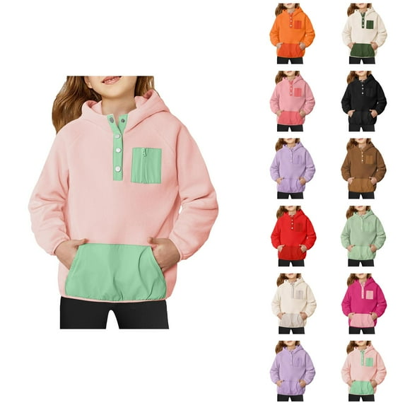 Girls Hoodies 2025 Fashion Style Pullover Sweaters Long Sleeve Color Block Button Up Loose Fit Warm Soft Casual Sweatshirt Comfortable Breathable Outerwear Coat with Front Pocket Winter Clothes