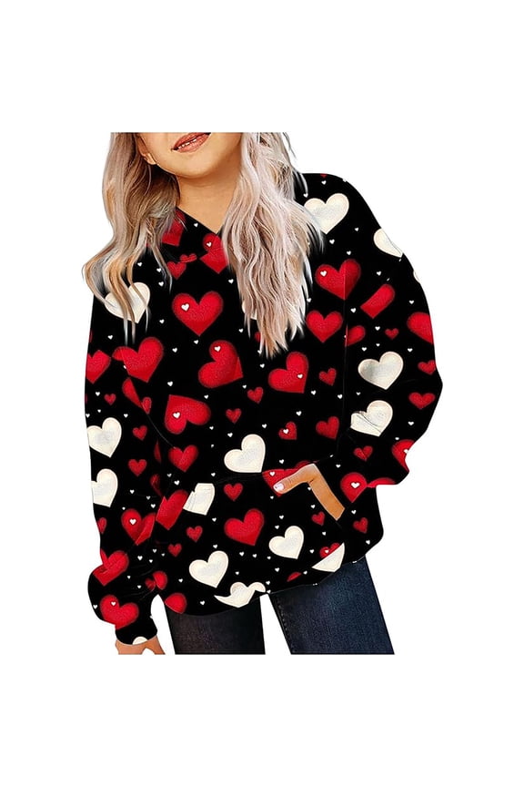 Girls Hoodies Hoodies for Teen Girls Like Heart Print Valentines Day Shirts Outfits Tween Girls Cute Tops Girls Fashion Sweatshirts Black 12-24 Months