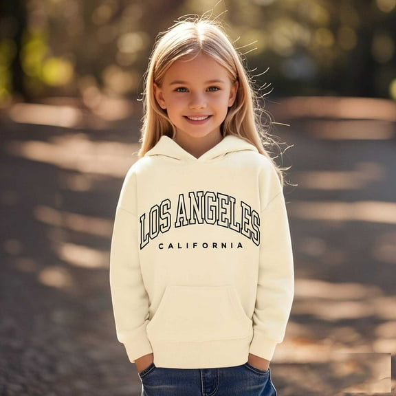Girls Hoodies Kids City Name Letter Print Beige Hooded Casual Long Sleeve Hoodies Winter Clothes 9-10 Years Old Boy Clothes