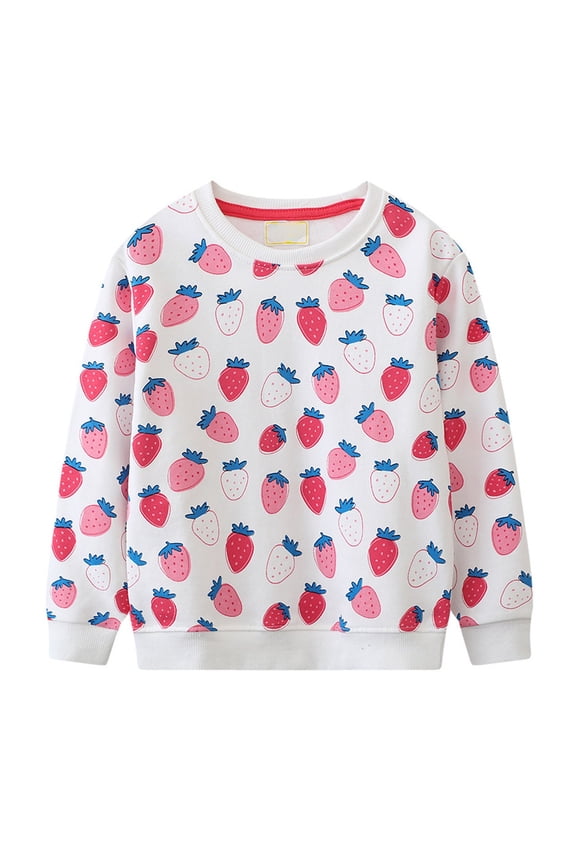 Girls Hoodies Kids Strawberry Allover Print Long Sleeve Crewneck Pullover Top Comfy Clean Cut Long-Lasting All-Season Girls Sweatshirt