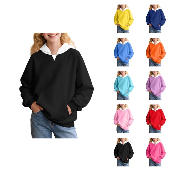 Girls Hoodies Long Sleeve Spring Fall Color Block Casual Hooded Sweatshirt with Pockets Kids Pullover Tops