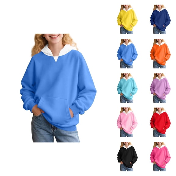 Girls Hoodies Long Sleeve Spring Fall Color Block Casual Hooded Sweatshirt with Pockets Kids Pullover Tops