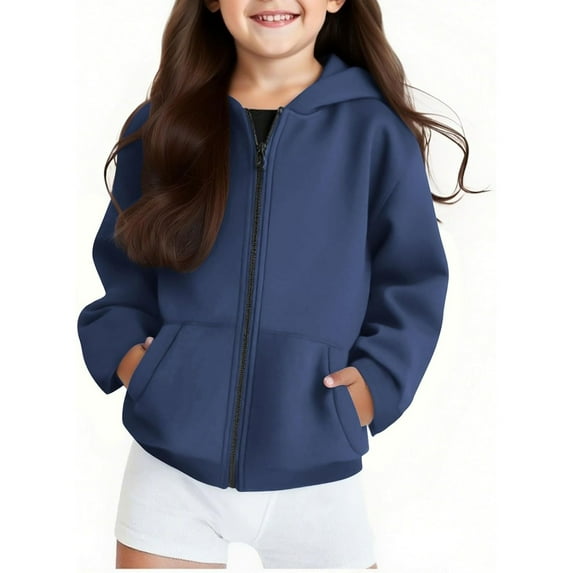 Girls Hoodies Navy Zip Up Hoodie Lightweight Long Sleeve Hoodies Winter Clothes Girls Kids Clothes 7-8 Years