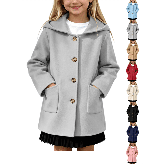 Girls Hoodies Nelozsy Kids Winter Hooded Woollen Overcoat, Long Sleeve Casual Outerwear Gray 4-5 Years