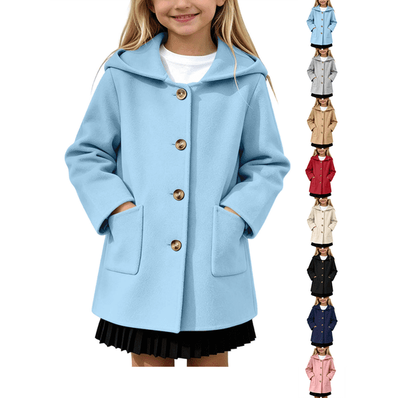 Girls Hoodies Nelozsy Kids Winter Hooded Woollen Overcoat, Long Sleeve Casual Outerwear Light Blue 10-11Years