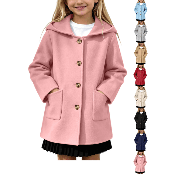 Girls Hoodies Nelozsy Kids Winter Hooded Woollen Overcoat, Long Sleeve Casual Outerwear Pink 10-11Years