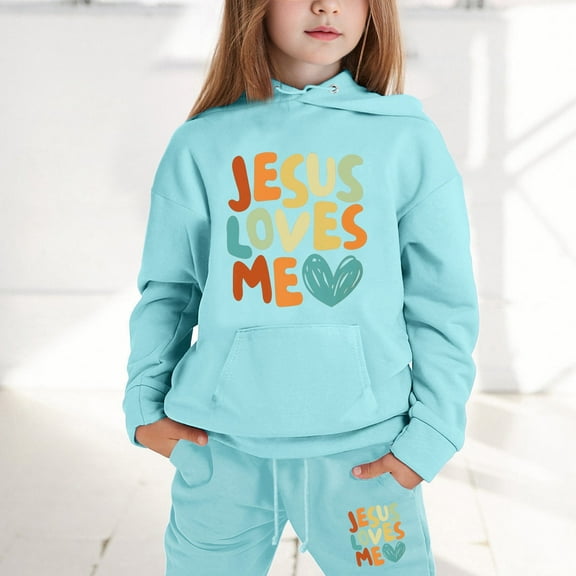 Girls Hoodies Set Jesus Hoodies Cute Letter Print Long Sleeves Loose Pullover 2 PC Outfits Winter Clothes for Boys Girls 8-9 Years