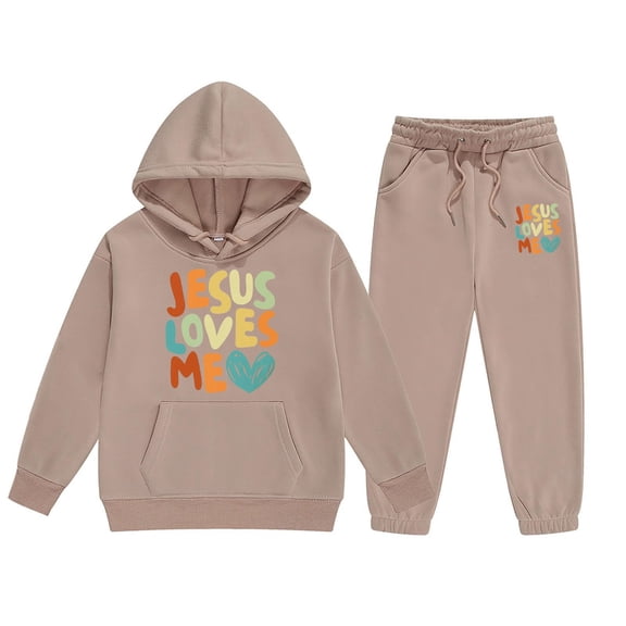 Girls Hoodies Set Jesus Loves You Print Hooded Sweatshirts Comfy Letter Print Long Sleeves Loose Pullover 2 PC Outfits Winter Clothes for Kids 2-3 Years