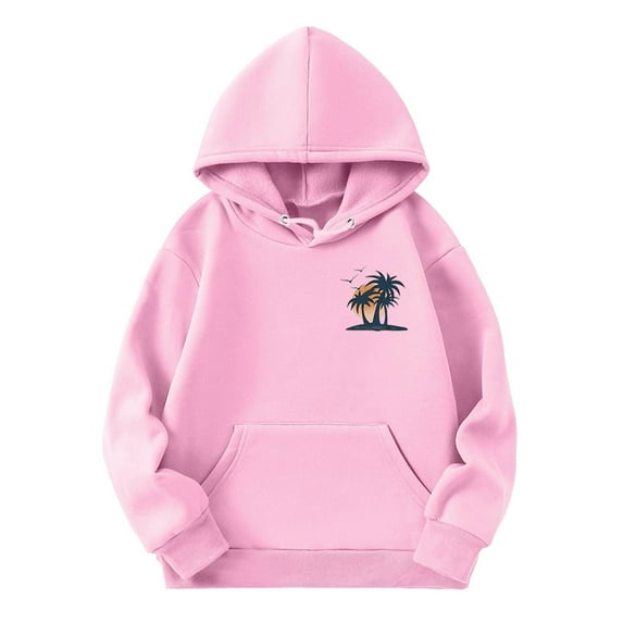 Girls Hoodies Size 14-16 Kids Girls Sports Shirt Boy Girl Coconut Tree Print Casual Solid Color Hoodie Pullover Hooded Sweatshirt with Pocket Suitable for Teen Pink-a, 7-8 Years