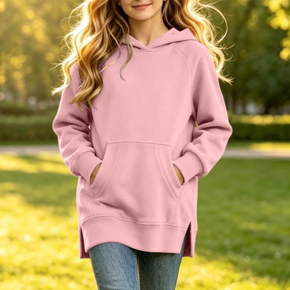 Girls Hoodies Size 14-16 Long Length Casual Hooded Girls Sweatshirt Side Split Long Sleeve Girls Pullover Top Loose Fall School Clothes for Teen Girls with Pocket