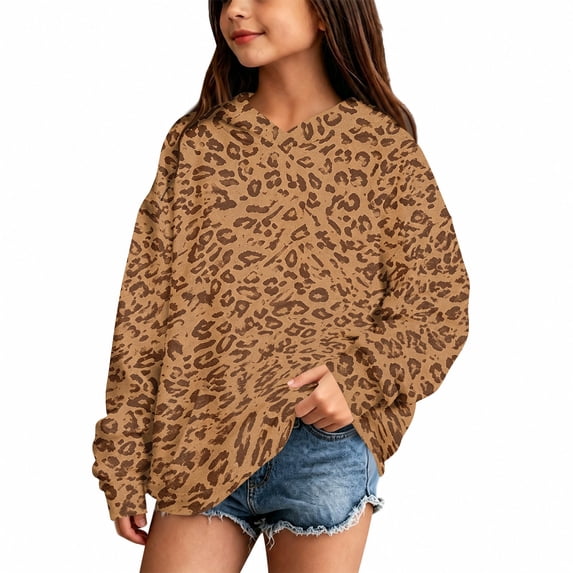 Girls Hoodies Size 7-8 Long Sleeve Leopard Graphic Sweatshirts for Girls Crewneck Y2k Pullover Top Winter Casual Oversized Sweaters for Teens with Pocket