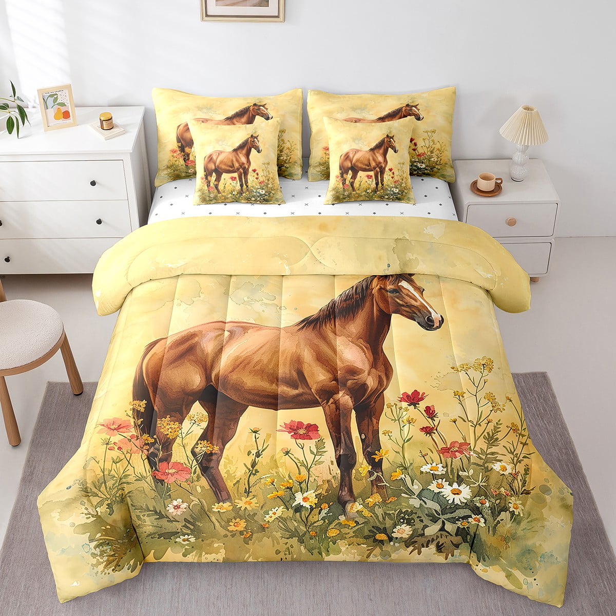 Girls Horse Bedding Queen Size 7 Pieces Vintage Floral Comforter Set