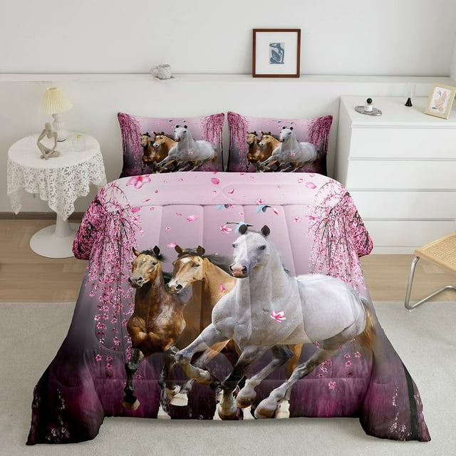 Girls Horse Queen Size Comforter Set Cherry Blossom Galloping Horse