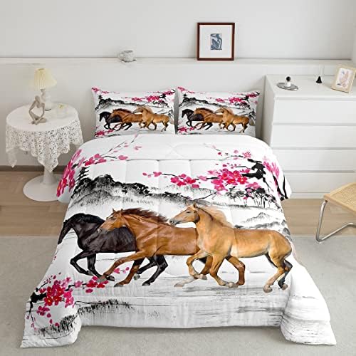 Girls Horse Twin Size Comforter Set Cherry Blossom Galloping Horse