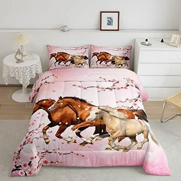 Girls Horse Twin Size Comforter Set Cherry Blossom Galloping Horse Bedding Set for Kids Boys Teens Western Horse Duvet Comforter Floral Animal Decor Horse Gifts for Girls Quilt Set Bedroo Walmart