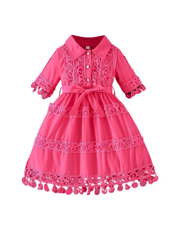 Girls Hot Pink Knit Dress - Cotton Kids Dress with Lace Trim & Sash Belt, A-Line Collared Party Dress for Kids 2-8 Years, Everyday Wear,Size 4 T