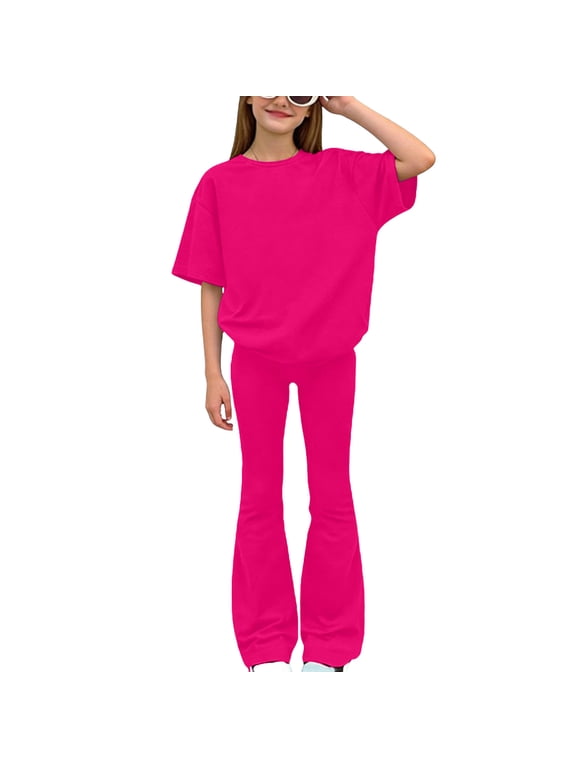 Girls Hot Pink Matching Set, 2 Piece Outfit with Oversized Tee & Flare Leggings, Comfy Play & Lounge Clothes for Tweens, Sizes 6-14,Size 10-11T